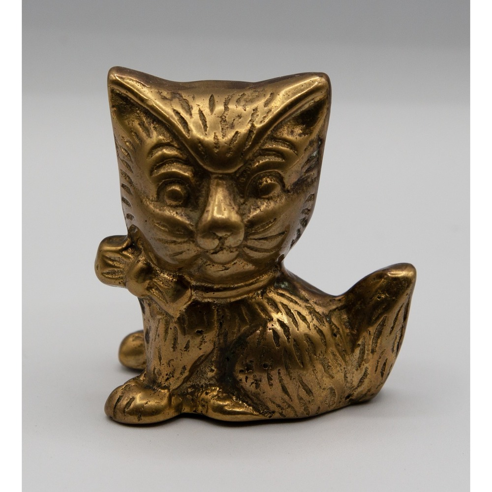 Vintage Brass‎ Cat Figurine Bow Tie Kitten Statue Mid Century Decor Gold Tone